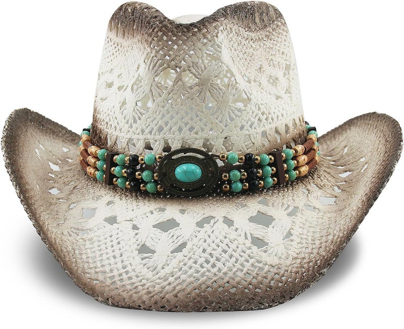 Foeran Men's Women's Straw Cowboy Hat Cowgirl Woven Sun Hat Western Cowboy Hat Two Decorative Bands - Image 2